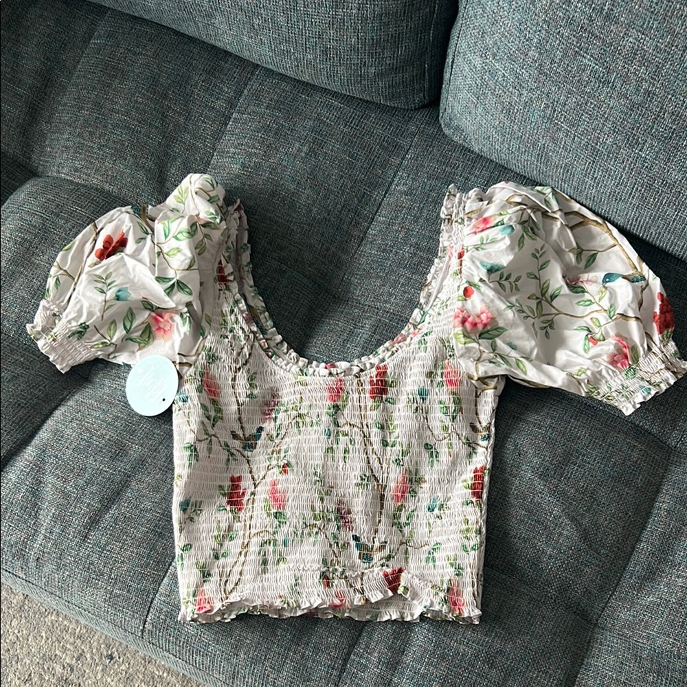 Hill House White and Red Smocked Puff Sleeve Blouse